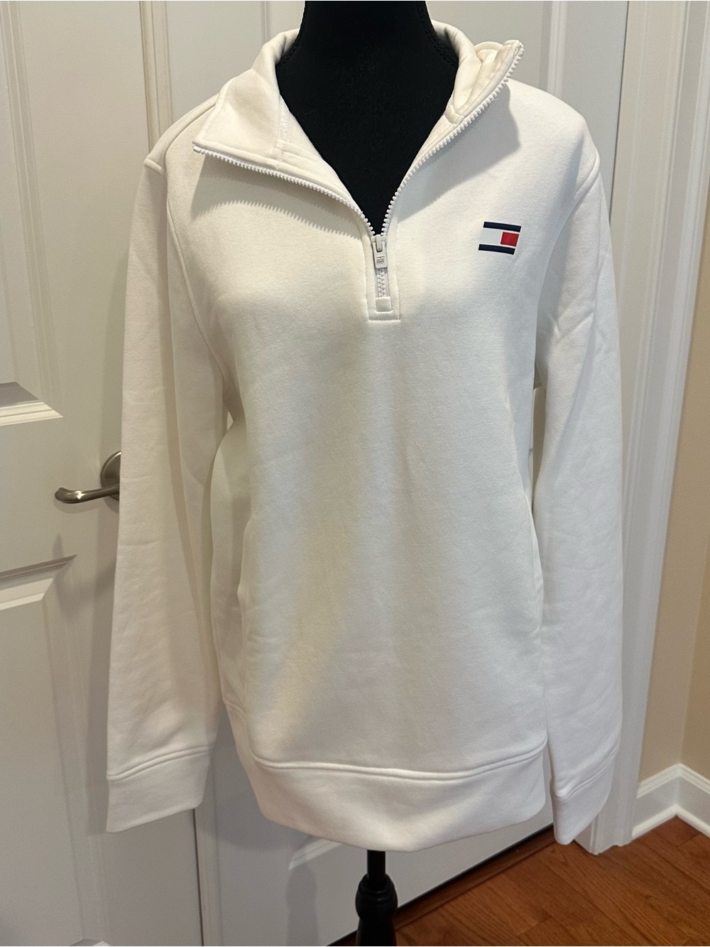 Tommy Hilfiger White Quarter-Zip Turtleneck Pullover with Flag Logo